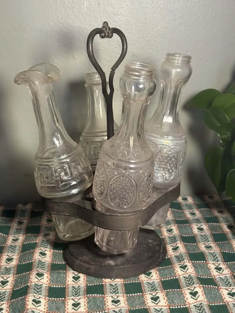 Vintage 4-Piece Glass Cruet Set with Metal Caddy Stand